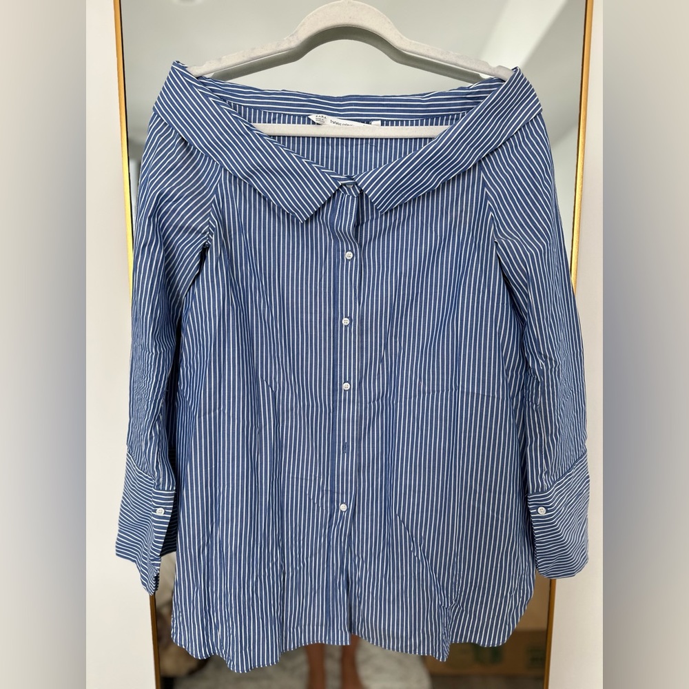 Zara Off The Shoulder White and Blue Stripped Button Down Shirt
